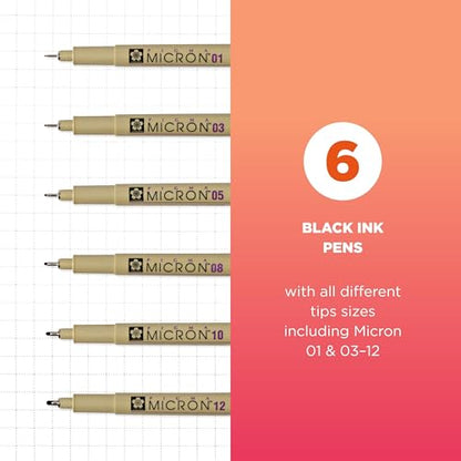 Sakura Pigma Micron Fineliner Pens, Black, Assorted Point Sizes, 6 Pack - size: 1 Count (Pack of 6)