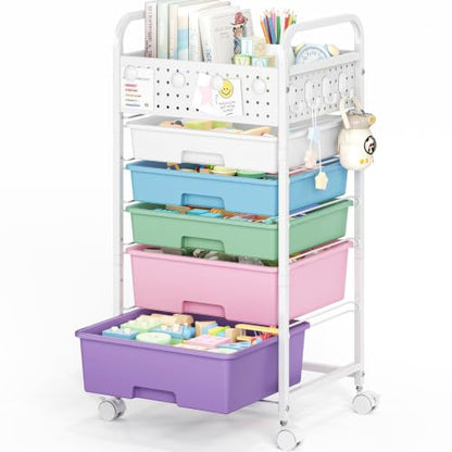 5 Drawer Rolling Storage Cart with Pegboard Top and Hooks, Ice Cream - color: Ice Cream, size: 5-Drawers