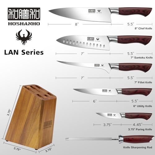 HOSHANHO 7PCS Kitchen Knife Set with Block, Sharp Chef Knives & Sharpener - size: 7 Pieces Knife Set