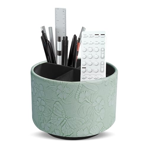 Round Leather Art Supply Organizer,Remote Control Holder,360-degree Rotating Pen Organizer with 4 Compartments(1-Butterfly Green) - color: 1-3Butterfly Green