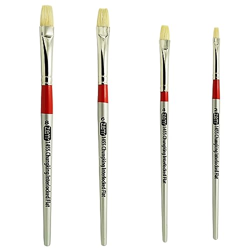 ZEM Brush Chungking Deluxe White Hog Bristle Interlocked Flat Artist Brush Set Sizes 2,4,6,8