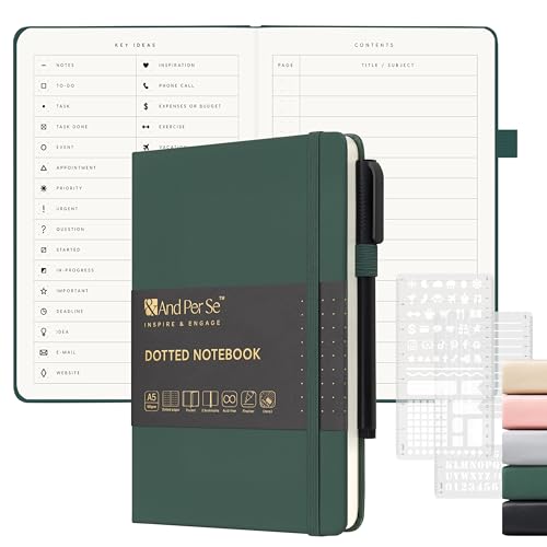 &And Per Se Dotted Notebook with Pen, 176 Numbered Dotted Pages, A5 Hardcover, Journal Stencils & Fineliner Pen for Beginners Women Men (Green) - color: Green, size: 176-Dotted