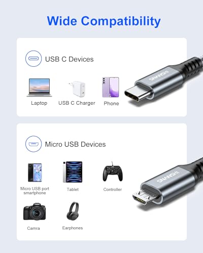 SNANSHI USB C to Micro USB Cable 6.6FT – Charge Ring Doorbell Battery, Kindle, Bose QC35 & PS4 Controller | Nylon Braided, Fast 2.4A Charging & 480Mbps Data Sync - size: 6FT