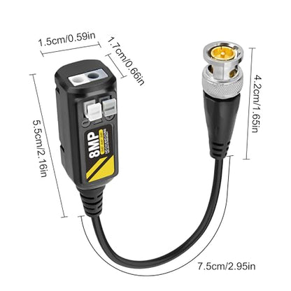 MEIRIYFA 8MP Passive HD BNC Video Balun Connectors Passive AHD/TVI/CVI/CVBS Transceiver Transmitter for 720P/960P/1080P/3MP/4MP/5MP/8MP CCTV Security Cameras - 2 Pairs
