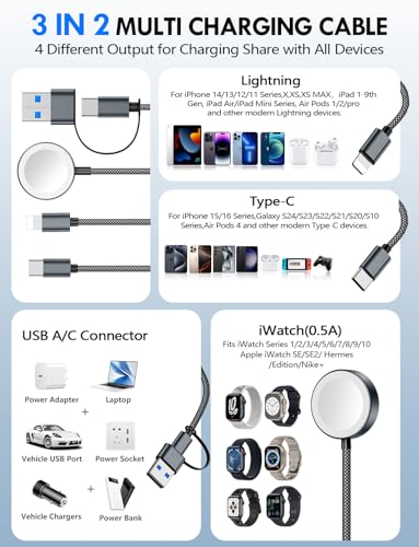 1Pack Travel Essentials for Apple Watch Charger,3-in-2 Multi Charging Cable - color: Black, size: 1Pack-4FT