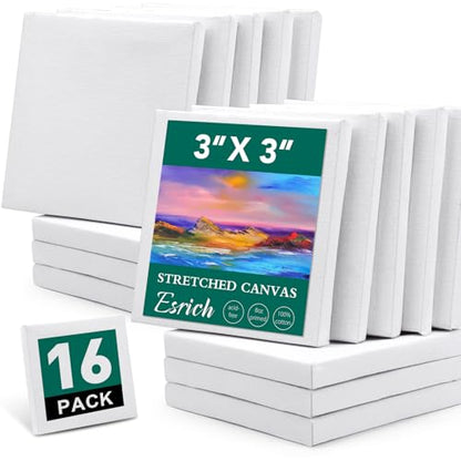 ESRICH Mini Stretched Canvas 16Pack 3x3inch, 2/5Inch Profile Art Primed Canvases for Painting, Cotton Small Professional Stretched Canvas for Kids and Art Supplies. - size: 16 Packs Stretched Canvas - 3*3in