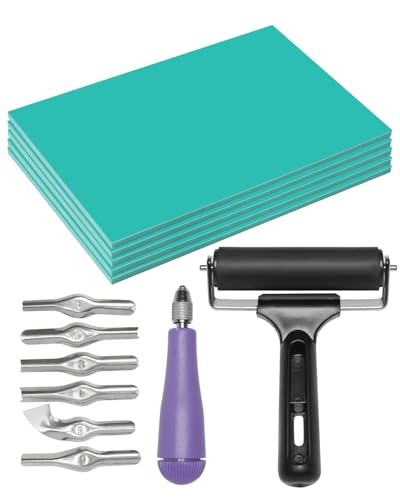 UCEC 2+7 Pack Brayer Roller for Printmaking – Durable Rubber Roller for Ink, Paint & Linocut Block Printing Kit – Includes 5 Soft 4" x 6" Linoleum Blocks and Lino Cutting Tools with 6 Blades Universal