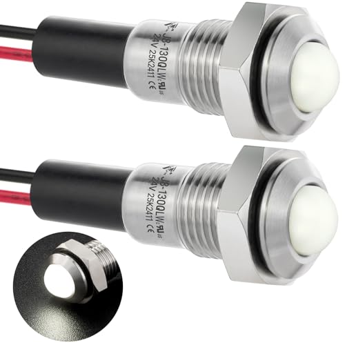 UL Listed Mini Indicator Light 8mm 0.31" Waterproof IP67 110V-120V Domed Sphere High Head Metal 304-Stainless Steel LED Lamp Pilot Light with 140mm Wire - color: White, size: 110-120V DC/AC