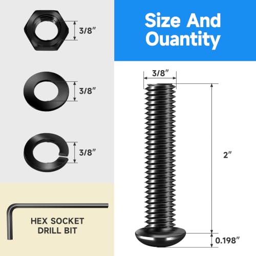 3/8-16 x 2 Button Head Socket Cap Bolts Screws, 304 Stainless Steel Allen Internal Hex Drive, 3/8 Bolts (20 Sets with Hex Spanner) - size: 3/8" x 2"