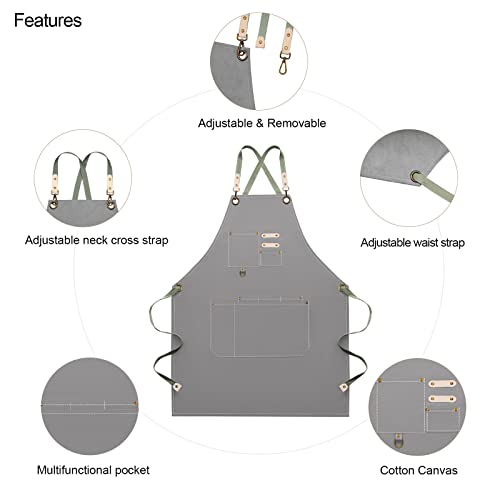 Dulabi Apron, Adjustable Chef Apron for Women and Men with Large Pockets, Cooking Kitchen Apron with Back Straps - color: Grey