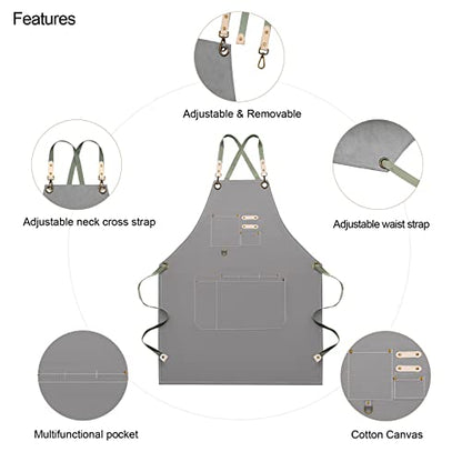 Dulabi Apron, Adjustable Chef Apron for Women and Men with Large Pockets, Cooking Kitchen Apron with Back Straps - color: Grey