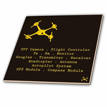 3dRose Black and Yellow Drone with DIY Accelerometer Gyroscope Brushless Motor GPS 4 Inch Ceramic Tile