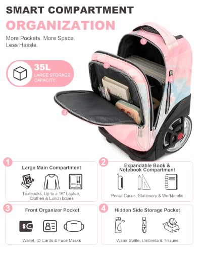 NEW TILAMI 19 Inch Rolling Backpack for School Stair-Climbing Big Wheel - color: Pink