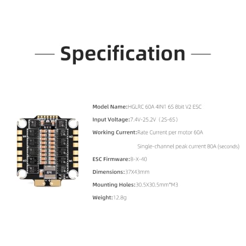 HGLRC 60A V2 6S BLS 2-6S M3 4IN1 ESC, Supports DShot600/300 Digital Protocols for FPV Racing Drone