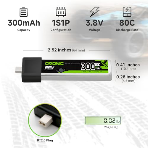 OVONIC 3.8V 80C 300mAh 1S Lipo Battery High Voltage with BT2.0 Plug [1 Package Including 5 Batteries]