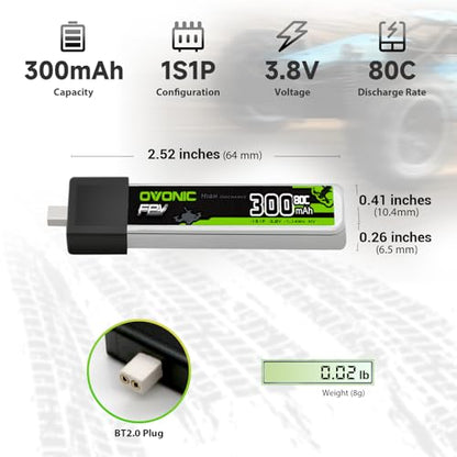 OVONIC 3.8V 80C 300mAh 1S Lipo Battery High Voltage with BT2.0 Plug [1 Package Including 5 Batteries]