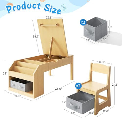 5-in-1 Kids Art Table and Chairs, Toddler Table and Chair Set, Craft Play Desk for Kids, Convertible Art Easel with Paper Roll Holder & Storage Drawers, Children Activity Learning Center - Nature Wood - color: Natural Wood