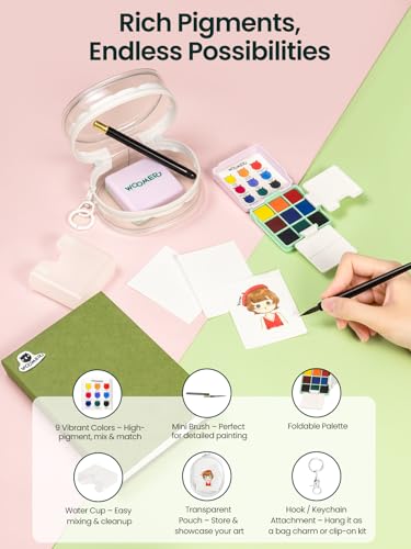 Woomer 9-Color Travel Watercolor Pan Set with Brush, Cup & Display Pouch