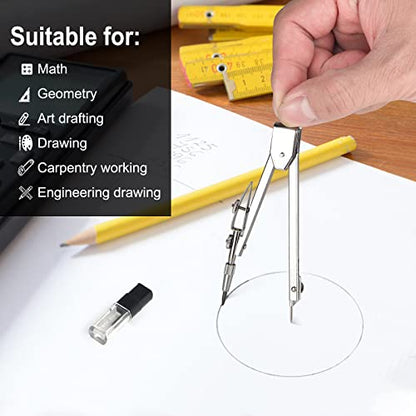 2 Pack Student Metal Compass Set for Geometry with Extra Lead Refills, Math Compass, Compass Drawing Tool, Drafting Compass for Students, Compass for Office School Supplies and Woodworking (2)