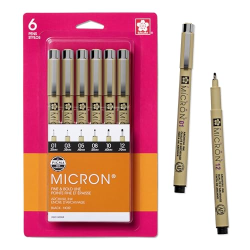 Sakura Pigma Micron Fineliner Pens, Black, Assorted Point Sizes, 6 Pack - size: 1 Count (Pack of 6)