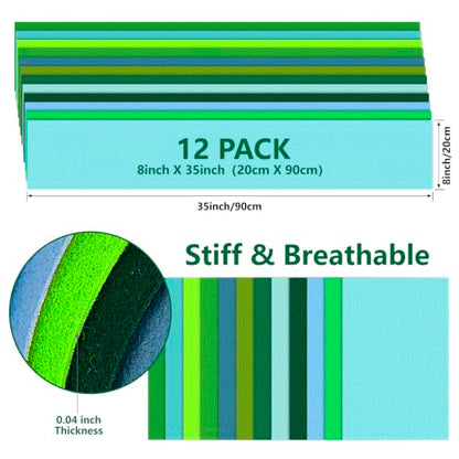 12 Rolls 8"x35" Large Stiff Felt Sheets, 1mm Felt Fabric Sheet for Crafts - color: Green Series