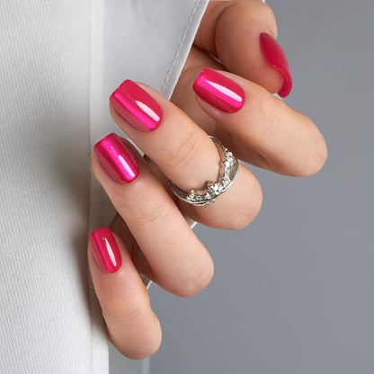 CurvLife Short Square Press On Nails, Chrome Hot Pink, Soft Gel - color: Chrome hot pink