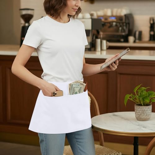 BOHARERS Waist Apron with 3 Pockets - White Waitress Waiter Server Short Apron - color: A-1 Pack White