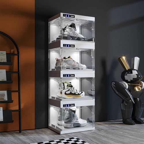 ANTBOX Shoe Organizer LED Smart Control,Auto-Shoe Boxes Clear Plastic Stackable for Sneaker Display Case and Collection Crate,Auto-Opening Shoe Storage Box (4pack) White - size: 4pack