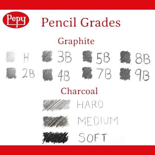 Pepy Graphite and Charcoal Professional Drawing Pencil Assortment; 9 Graphite and 3 Charcoal Hardnesses; Pre-Sharpened; Perfect for Drawing, Sketching and Shading, Graphic and Fine Art