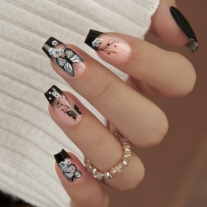 CurvLife Medium Square Butterfly Design Press On Nails, Black, Soft Gel - color: black butterfly nails