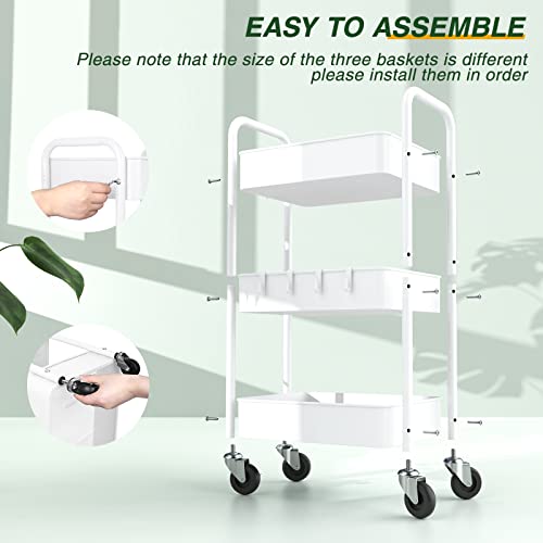 LEHOM 3 Tier Rolling Cart, Metal Rolling Utility Cart with Lockable Wheels - color: White