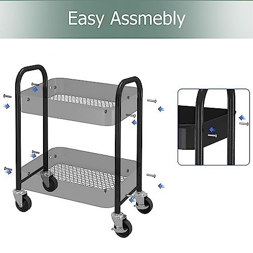Melody House 2 Tier All-Metal Rolling Storage Cart with Handle and Locking Wheels - Kitchen, Laundry, Office, Bathroom Organizer, Black - size: 2 Tier Black