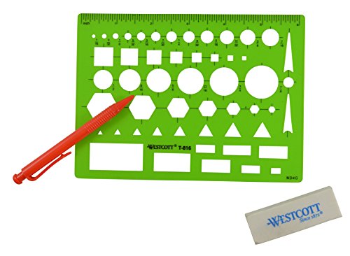 Westcott T-816 All-Purpose Technical Drawing Template, Plastic Shape Template Tool, Green, 4.5 by 6 in