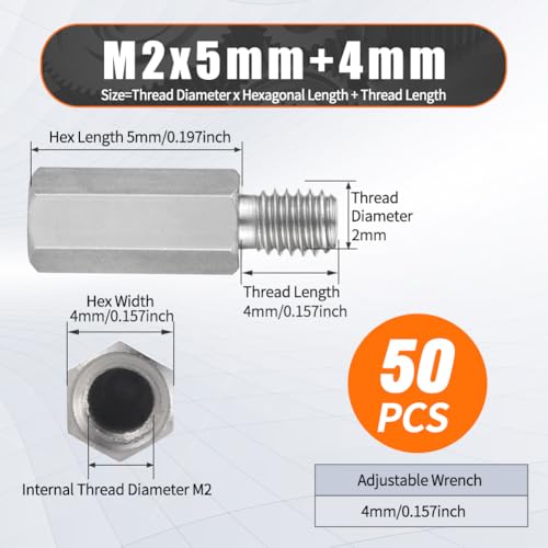 Hex Male-Female Standoffs, M2x5+4mm Standoff 50-Pcs 303 Stainless Steel - size: M2x5+4mm