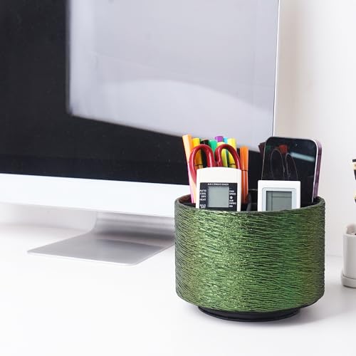 Round Leather Art Supply Organizer,Remote Control Holder,360-degree Rotating Pen Organizer with 4 Compartments(1-Light Tree Green) - color: 1-Light Tree Green