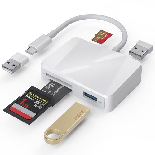 SD Card Reader, 5 in 1 USB-C & USB Card Adapter with SD/MicroSD/MS and Dual USB-A Ports Memory Card Reader for iPhone 17/16/15 Pro Max iPad MacBook Pro/Air M4/M3 Android Phone/Tablet PC (White) - color: White