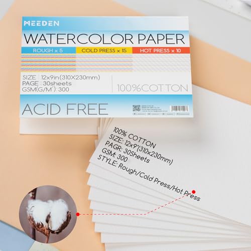 MEEDEN Cotton Watercolor Paper Block: 3 Textures 9" x 12" of 30 Sheets - size: 9×12"