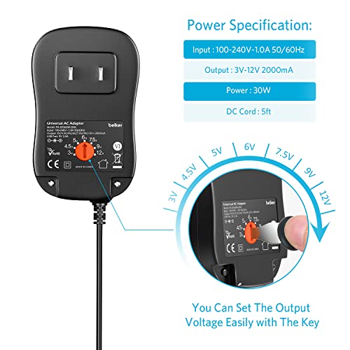 Belker 30W Universal 3V 4.5V 5V 6V 7.5V 9V 12V AC DC Adapter with 8 Tips - size: 30w 3-12v 2a w/USB