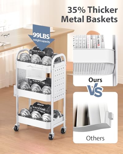 ALVOROG 3 Tier Metal Rolling Utility Cart with Pegboards,Baskets,Hook,White - color: White