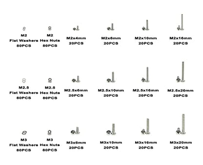 720PCS M2 M2.5 M3 Stainless Steel Phillips Pan Head Machine Screws Nuts Flat Washers Assortment Kit - size: M2, M2.5, M3