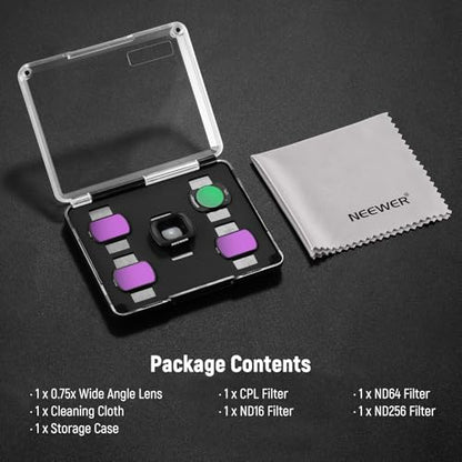 NEEWER ND Filter Set with 0.75x Wide Angle Lens 108° FOV, ND16 + ND64 + ND256 + CPL (Circular Polarizer) Filter, Compatible with DJI Osmo Pocket 3 / Pocket 4 / Xtra Muse Accessories, FL-B08 - style: 0.75X Wide Angle Lens&ND Filter Set