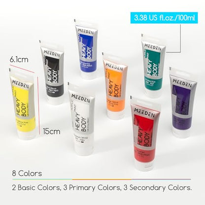 MEEDEN Thick Acrylic Paint Set: Satin Finish 100ml/3.38oz X 8 Tubes - color: 8 Colors, size: Set