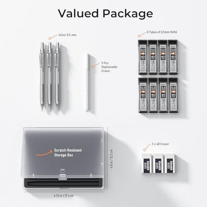 Nicpro Metal Mechanical Pencil Set with Case, 0.5mm Art Pencil, 3 Pack - color: Silver, style: 0.5 MM
