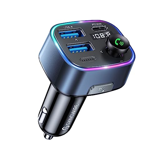 SYNCWIRE Bluetooth 5.3 FM Transmitter Car Adapter 38W [Light Switch] [HiFi Bass Sound] [Fast Charging] Wireless Radio Music Adapter LED Display Hands-Free Calling Support USB Drive - color: Dark Blue, style: 38W