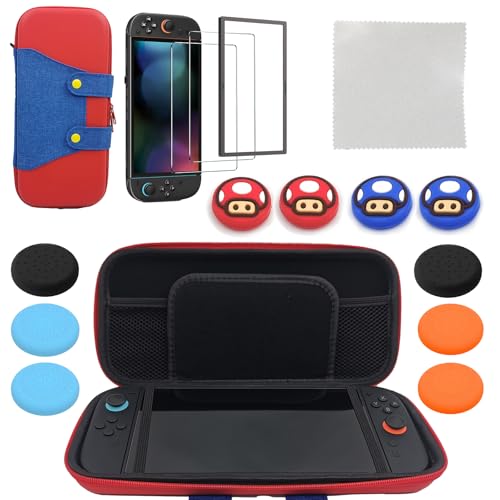 USHTJSKLIN Carrying Case for Nintendo Switch 2 Case 14in1 Set,Screen Protectors 2-Pack with Alignment Frame,Thumb Grips 10-Pack,Glasses Cleaning Cloths - color: Game Character-M&Red&Blue