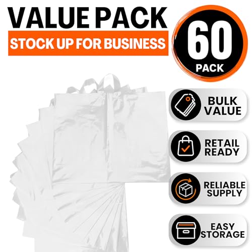 19x15 Large Plastic Shopping Bags for Small Business with Handles - color: White