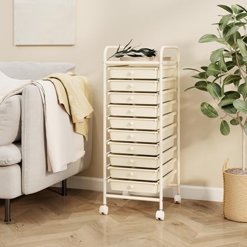 RELAX4LIFE 10 Drawer Rolling Cart - Slim Storage Cart w/Lockable Wheels - color: White, size: 34''H