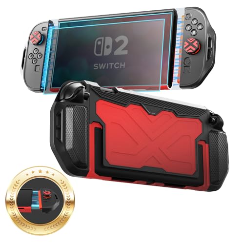 Toladoshop Dockable for Switch 2 Grip Case (2025) Accessories, Armor Slim Military-Grade Protection for Detachable 3PCS Design Joncon Holder with Screen Protectors and Joystick caps, Red - color: Black-Red