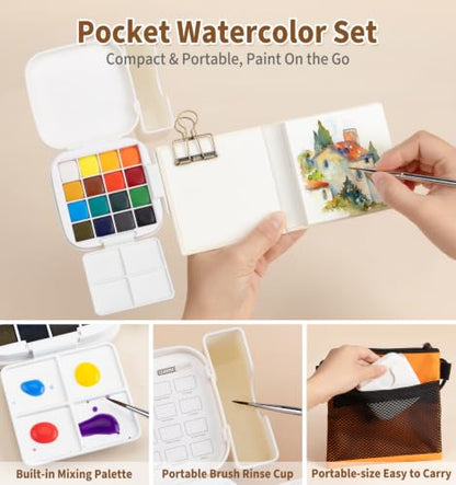 Mini Watercolor Paint Set, Compact Travel Paint Kit with 16 Colors