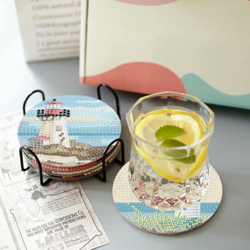 askkqtx 8 Pcs Beach Diamond Art Coasters Kits with Holder 4X4 Inch - color: Coasters-bdwy210